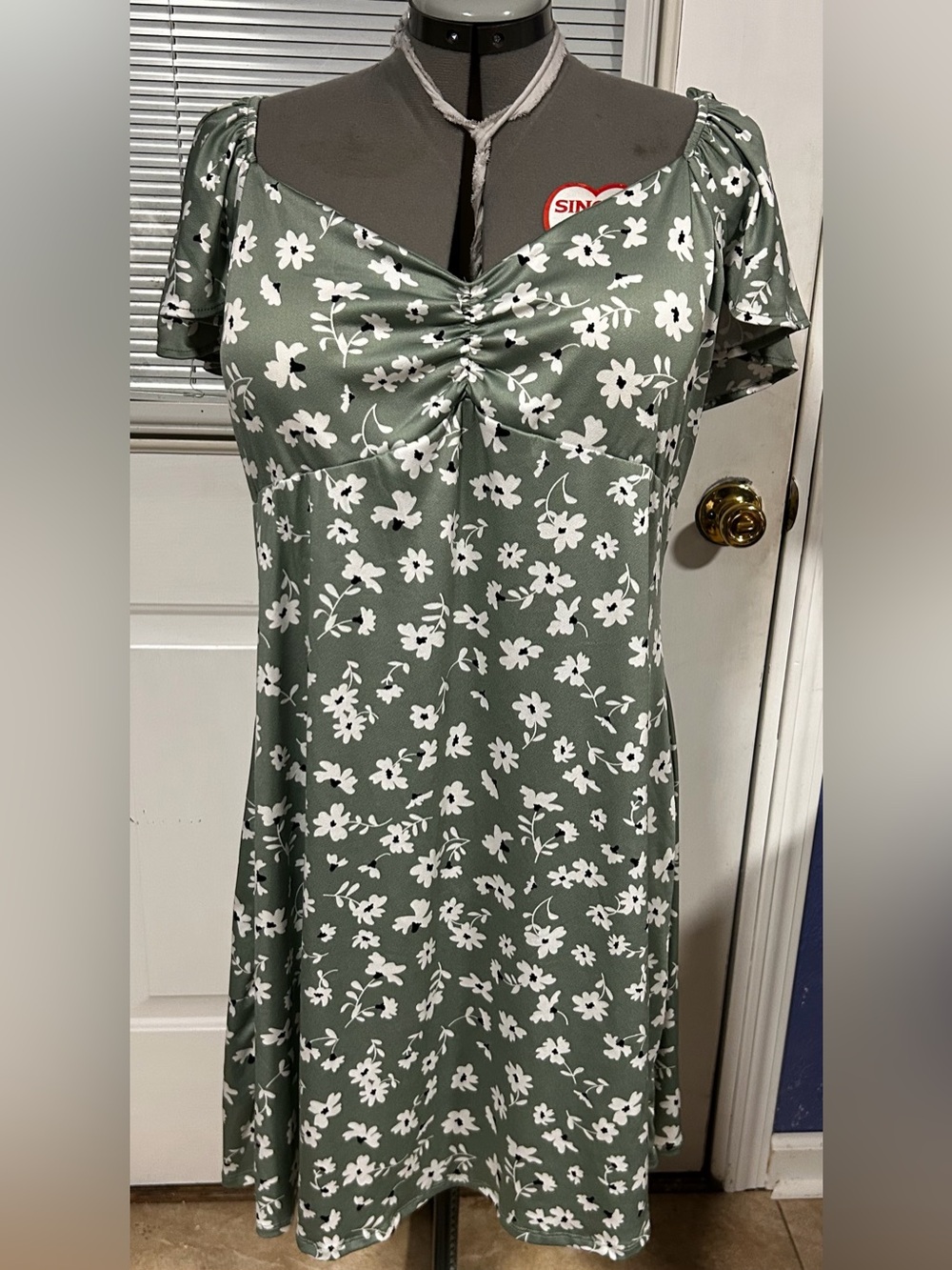 Derek Heart Olive Green Floral Midi Dress with White Print